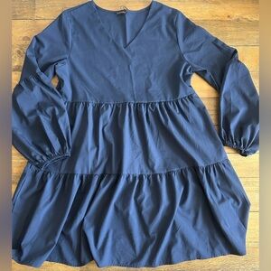 Navy Blue Women’s Tiered Mini Dress Long Ballon Sleeve V-Neck Lightweight